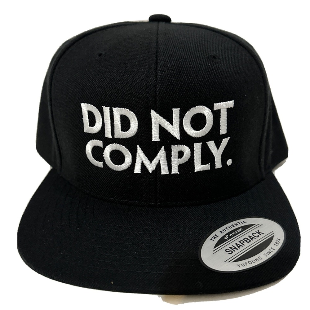 Yupoong Did Not‎ Comply Snapback Hat Black White Embroidered Flat Bill Cap